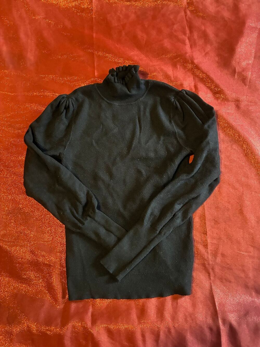 Premise Sweater Womens M Black Ribbed Turtleneck Puff Sleeve Ruffle Long Sleeve